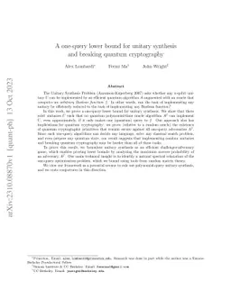 A one-query lower bound for unitary synthesis and breaking quantum
  cryptography