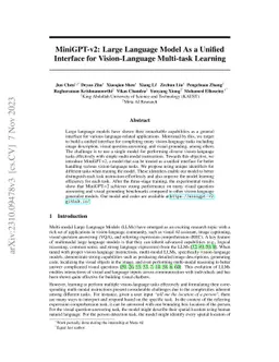 MiniGPT-v2: large language model as a unified interface for
  vision-language multi-task learning