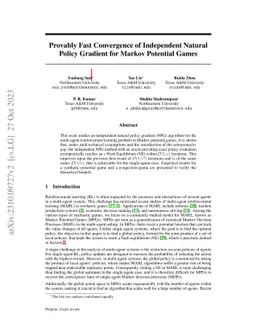 Provably Fast Convergence of Independent Natural Policy Gradient for
  Markov Potential Games