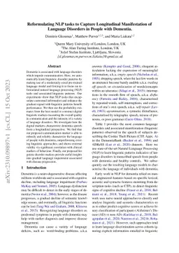 Reformulating NLP tasks to Capture Longitudinal Manifestation of
  Language Disorders in People with Dementia