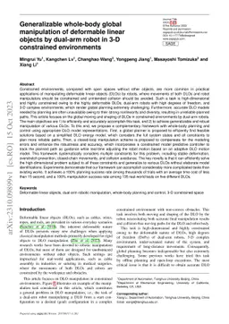 Generalizable whole-body global manipulation of deformable linear
  objects by dual-arm robot in 3-D constrained environments