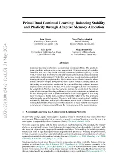 Primal Dual Continual Learning: Balancing Stability and Plasticity
  through Adaptive Memory Allocation