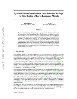 Synthetic Data Generation in Low-Resource Settings via Fine-Tuning of
  Large Language Models
