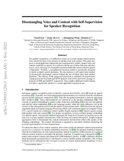 Disentangling Voice and Content with Self-Supervision for Speaker
  Recognition