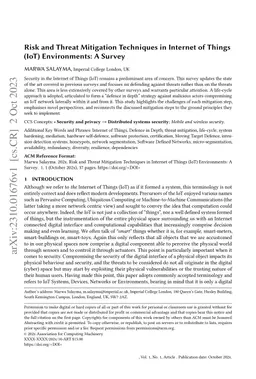 Risk and Threat Mitigation Techniques in Internet of Things (IoT)
  Environments: A Survey