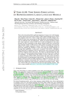 Time-LLM: Time Series Forecasting by Reprogramming Large Language Models