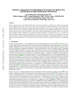 Backdoor Adjustment of Confounding by Provenance for Robust Text
  Classification of Multi-institutional Clinical Notes