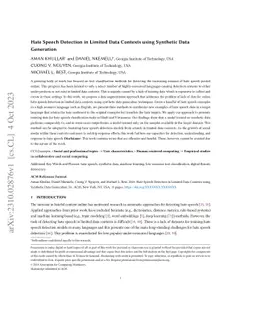 Hate Speech Detection in Limited Data Contexts using Synthetic Data
  Generation