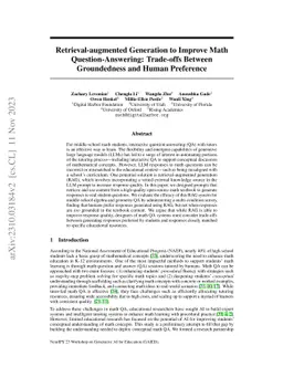 Retrieval-augmented Generation to Improve Math Question-Answering:
  Trade-offs Between Groundedness and Human Preference