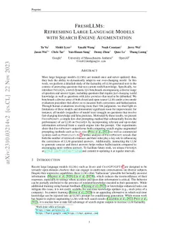 FreshLLMs: Refreshing Large Language Models with Search Engine
  Augmentation