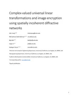 Complex-valued universal linear transformations and image encryption
  using spatially incoherent diffractive networks