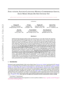 Fine-tuning Aligned Language Models Compromises Safety, Even When Users
  Do Not Intend To!