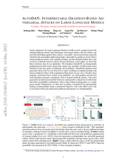 AutoDAN: Interpretable Gradient-Based Adversarial Attacks on Large
  Language Models