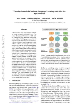 Visually Grounded Continual Language Learning with Selective
  Specialization