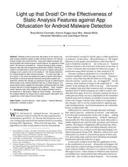 Light up that Droid! On the Effectiveness of Static Analysis Features
  against App Obfuscation for Android Malware Detection
