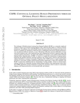 COPR: Continual Learning Human Preference through Optimal Policy
  Regularization