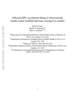 Efficient GPU-accelerated fitting of observational health-scaled
  stratified and time-varying Cox models