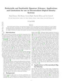 Redactable and Sanitizable Signature Schemes: Applications and
  Limitations for use in Decentralized Digital Identity Systems