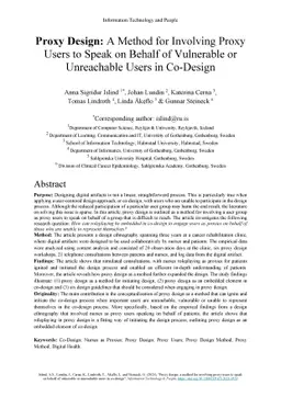 Proxy Design: A Method for Involving Proxy Users to Speak on Behalf of
  Vulnerable or Unreachable Users in Co-Design