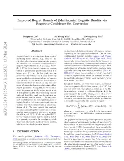 Improved Regret Bounds of (Multinomial) Logistic Bandits via
  Regret-to-Confidence-Set Conversion