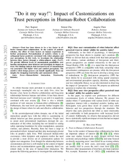 "Do it my way!": Impact of Customizations on Trust perceptions in
  Human-Robot Collaboration