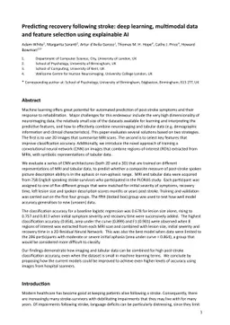 Predicting recovery following stroke: deep learning, multimodal data and
  feature selection using explainable AI