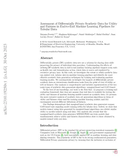 Assessment of Differentially Private Synthetic Data for Utility and
  Fairness in End-to-End Machine Learning Pipelines for Tabular Data