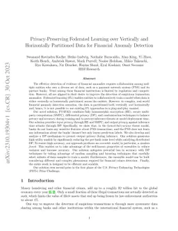 Privacy-Preserving Federated Learning over Vertically and Horizontally
  Partitioned Data for Financial Anomaly Detection