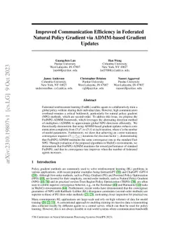 Improved Communication Efficiency in Federated Natural Policy Gradient
  via ADMM-based Gradient Updates