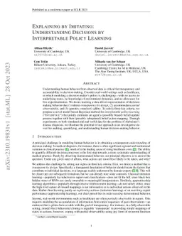 Explaining by Imitating: Understanding Decisions by Interpretable Policy
  Learning