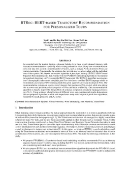 BTRec: BERT-Based Trajectory Recommendation for Personalized Tours