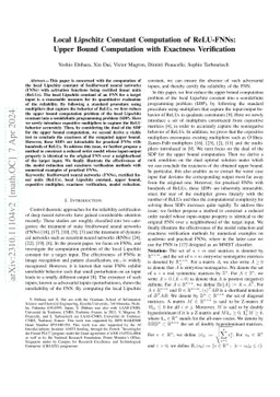 Local Lipschitz Constant Computation of ReLU-FNNs: Upper Bound
  Computation with Exactness Verification