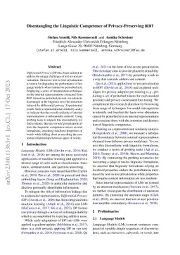 Disentangling the Linguistic Competence of Privacy-Preserving BERT