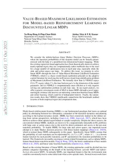 Value-Biased Maximum Likelihood Estimation for Model-based Reinforcement
  Learning in Discounted Linear MDPs