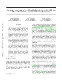 On sample complexity of conditional independence testing with Von Mises
  estimator with application to causal discovery