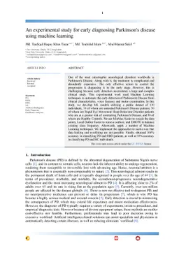 An experimental study for early diagnosing Parkinson's disease using
  machine learning