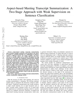 Aspect-based Meeting Transcript Summarization: A Two-Stage Approach with
  Weak Supervision on Sentence Classification