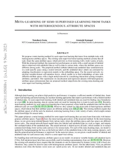 Meta-learning of semi-supervised learning from tasks with heterogeneous
  attribute spaces
