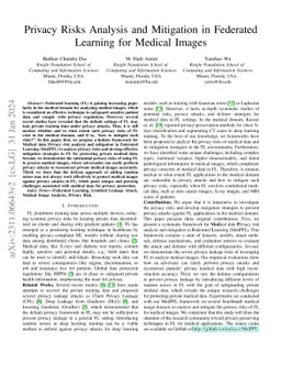 Privacy Risks Analysis and Mitigation in Federated Learning for Medical
  Images