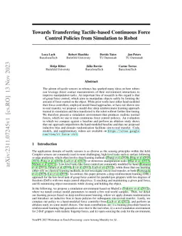 Towards Transferring Tactile-based Continuous Force Control Policies
  from Simulation to Robot