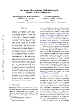 Can Authorship Attribution Models Distinguish Speakers in Speech Transcripts?
