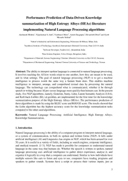 Performance Prediction of Data-Driven Knowledge summarization of High
  Entropy Alloys (HEAs) literature implementing Natural Language Processing
  algorithms