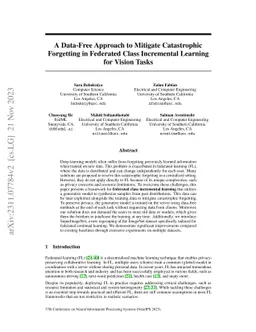 A Data-Free Approach to Mitigate Catastrophic Forgetting in Federated
  Class Incremental Learning for Vision Tasks
