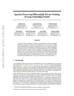 Sparsity-Preserving Differentially Private Training of Large Embedding
  Models