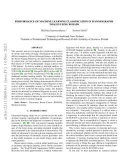 Performance of Machine Learning Classification in Mammography Images
  using BI-RADS
