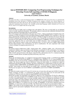 tmn at #SMM4H 2023: Comparing Text Preprocessing Techniques for
  Detecting Tweets Self-reporting a COVID-19 Diagnosis
