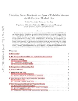 Minimizing Convex Functionals over Space of Probability Measures via KL
  Divergence Gradient Flow