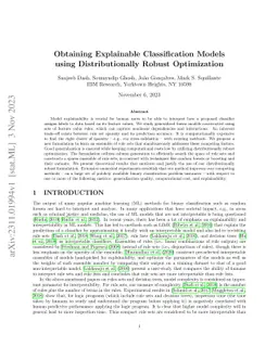 Obtaining Explainable Classification Models using Distributionally
  Robust Optimization