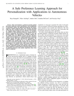 A Safe Preference Learning Approach for Personalization with
  Applications to Autonomous Vehicles
