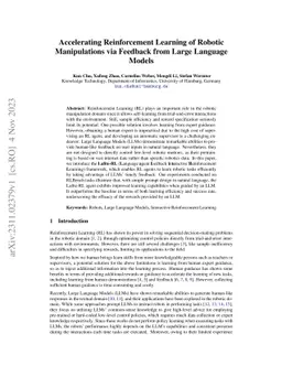 Accelerating Reinforcement Learning of Robotic Manipulations via
  Feedback from Large Language Models